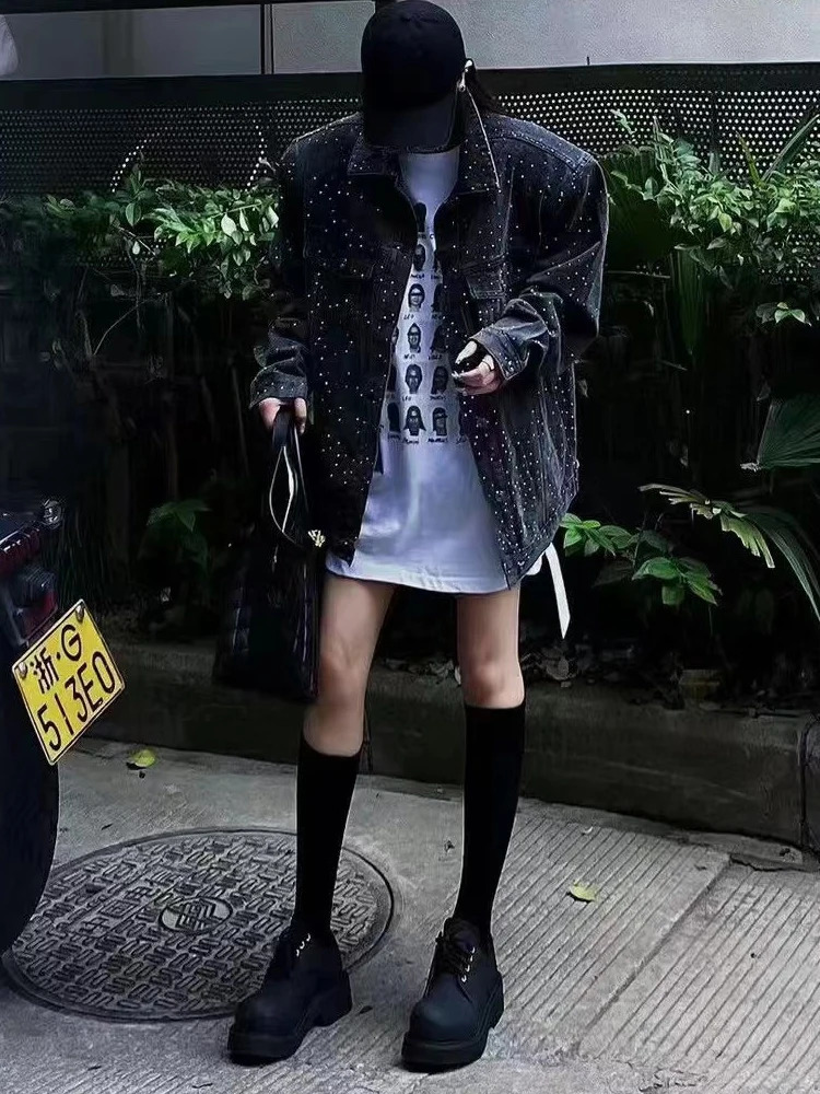 BKQU Rhinestone Shiny Jacket Women Oversized Black Denim Coats Fashion Lapel Single Breasted Long Sleeve Loose Jean Coat 250122