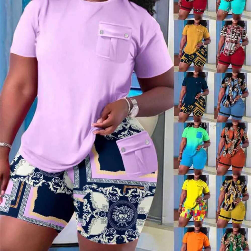2023 Summer Women Tracksuits Fashion Casual Printing Short Sleeve Top And Shorts With Pocket Set 13 Colours