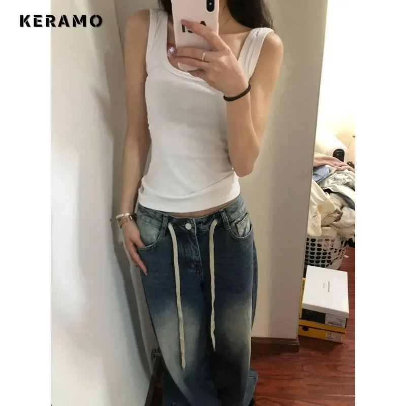 Harajuku Vintage Drawstring High Waist Loose Jeans Autumn Pants Winter Womens Y2K Wide Leg Baggy Streetwear Denim Trouser 250206