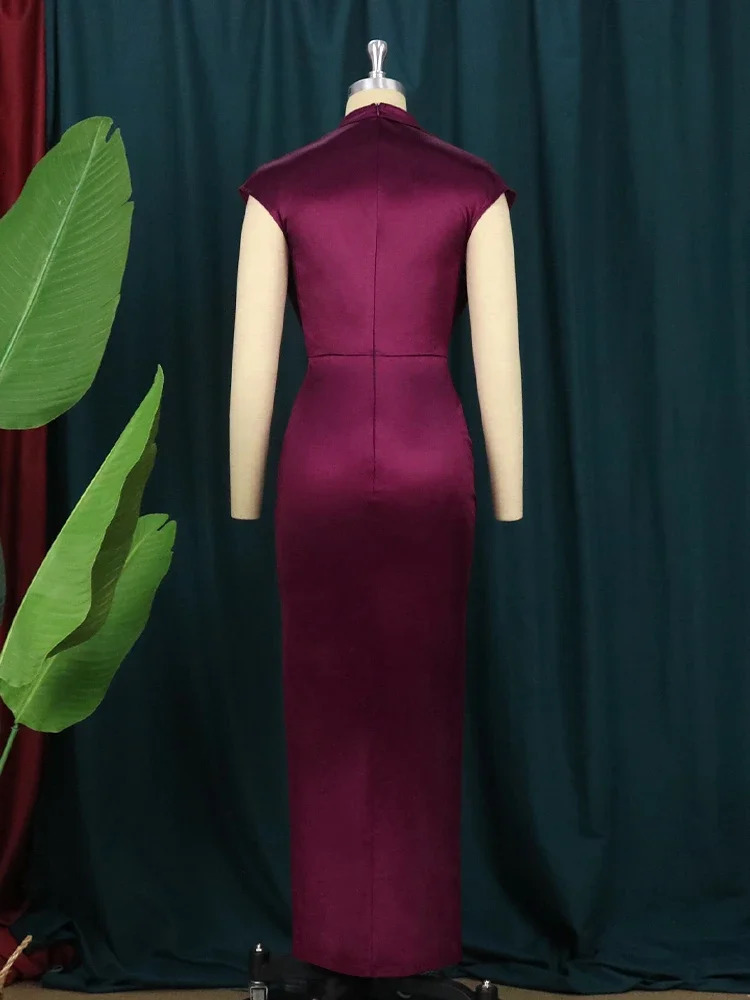 Women Dress Pleated Long Wine Red Elegant Slit High Collar Slim Fit Sleeveless Maxi Robes Female Shiny Gowns Party Spring 250208