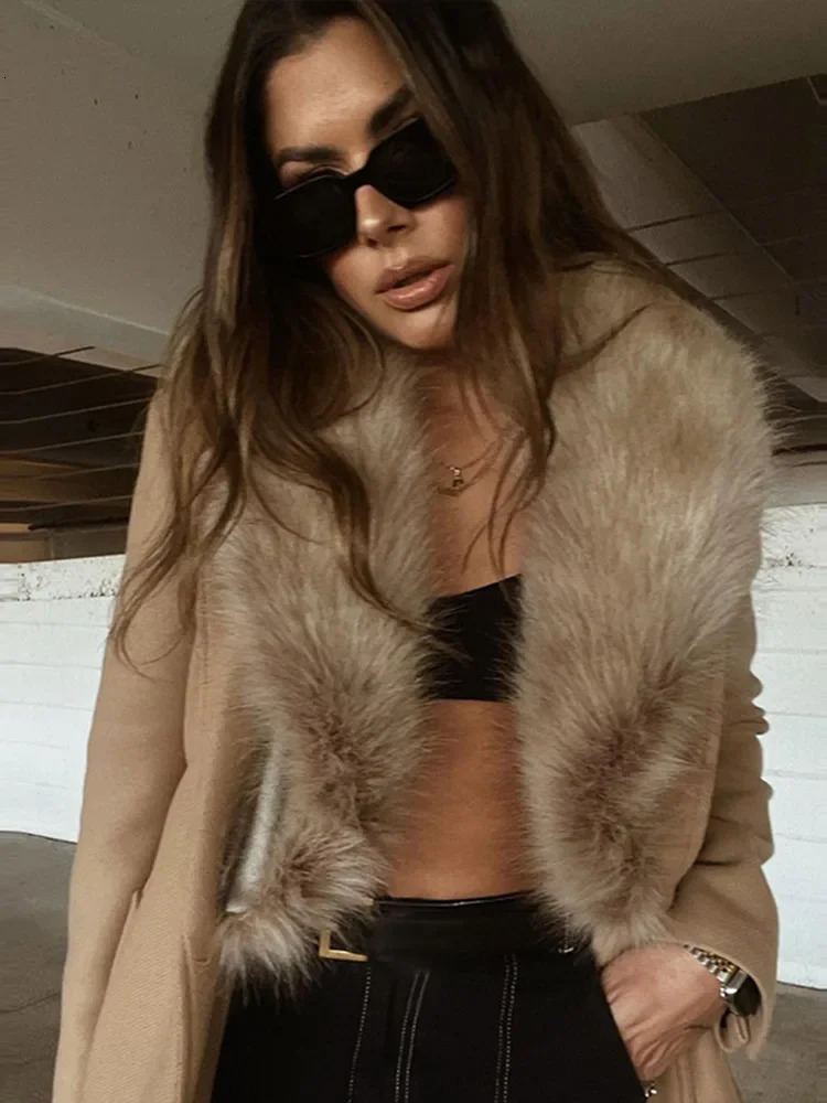 Fur Collar Long Woolen Coat Belt Lace Up Waist Cinching Pocket Plush Wool Overcoat Fashion Outwear Top Winter Womens Clothing 250110