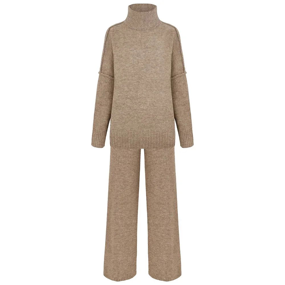 turtleneck sweater set womens European American autumn and winter loose casual lazy thickened knitted trousers set 250207