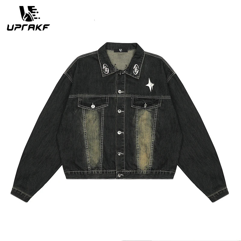 UPRAKF Streetwear Washed Lapel Denim Jacket Men Vintage Fashion High Street Long Sleeve Coat Y2K Casual Tops Loose 250207