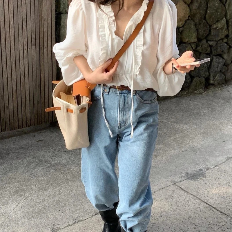 Spring Autumn White Lace Up Womens Blouse 2025 Ruffles Long Sleeve Korean Casual Loose Vneck Shirts Female 250121