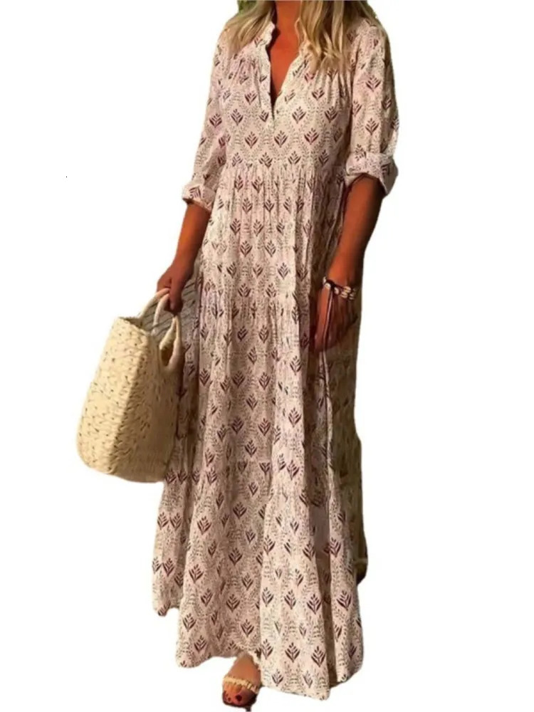Women Fashion Boho Print Long Dress Autumn Long Sleeve V Neck Vintage Dresses Casual Loose Holiday Comfortable Dress Robe Femme 250208