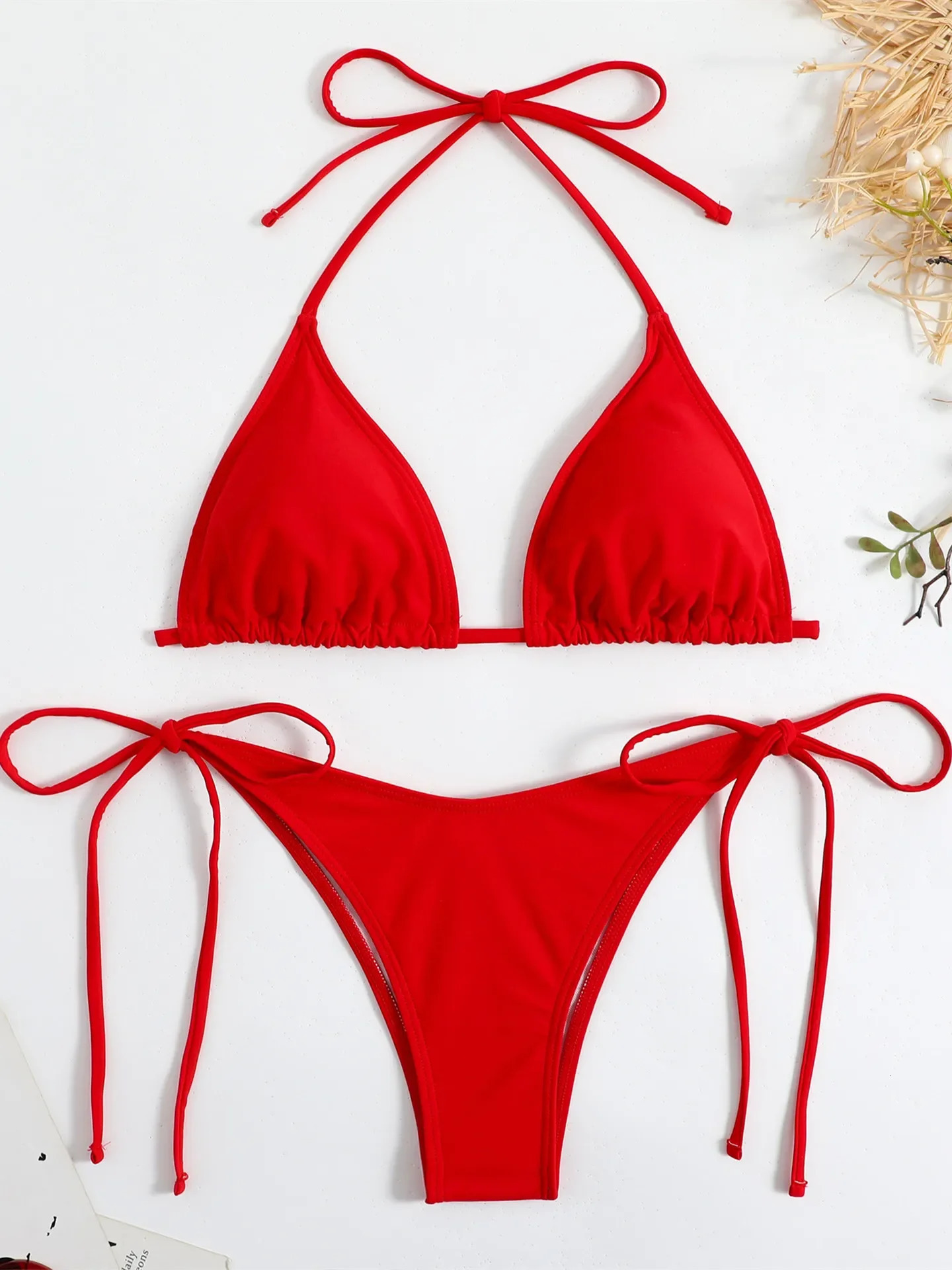Sexy brown bikini 2024 womens solid red suspender push up bra tie side triangle swimsuit summer lace top mini 250208Z