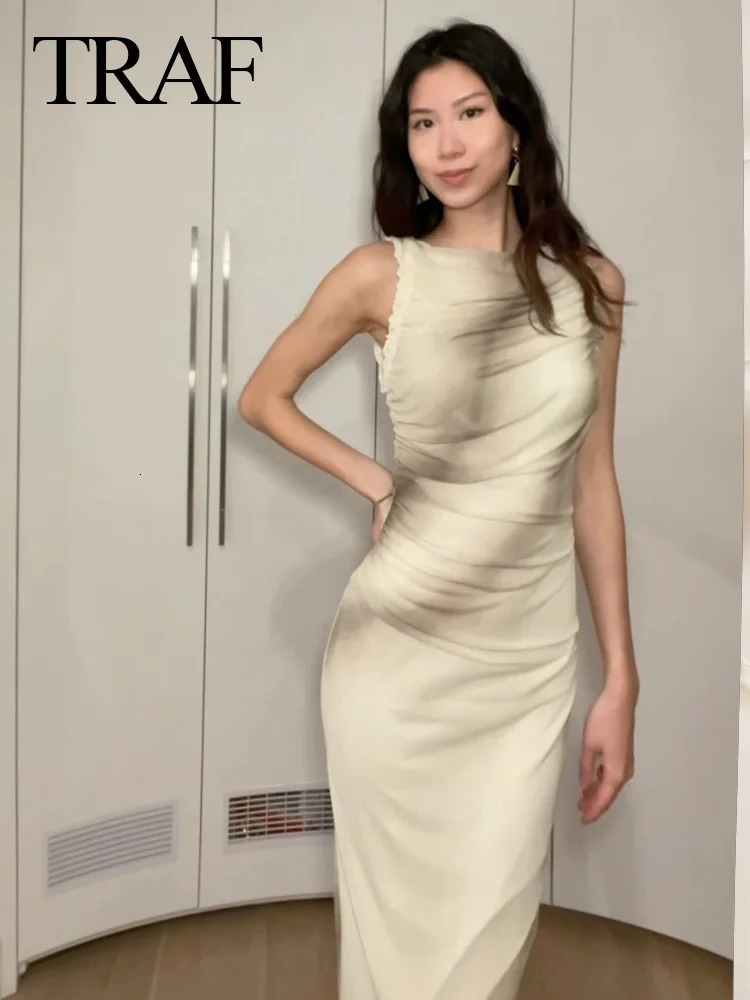 TRAF 2024 Summer Fashion Womens Twill Print Pleated Midi Dress O Neck Sleeveless Slim Robe Elegant Dresses For Evening Party 250207