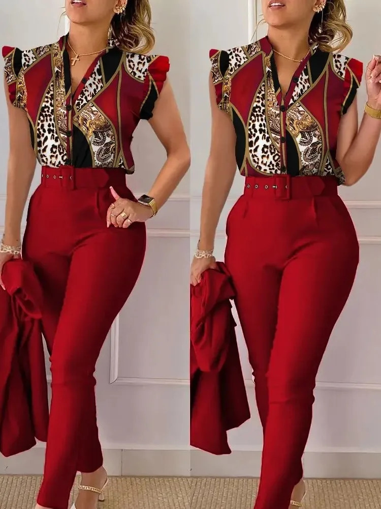 Womens Elegant Slim Two-Piece Sets Summer Fashion Print V Neck Button Flying Sleeve Shirt Top Solid Long Pants Suits With Belt 250207