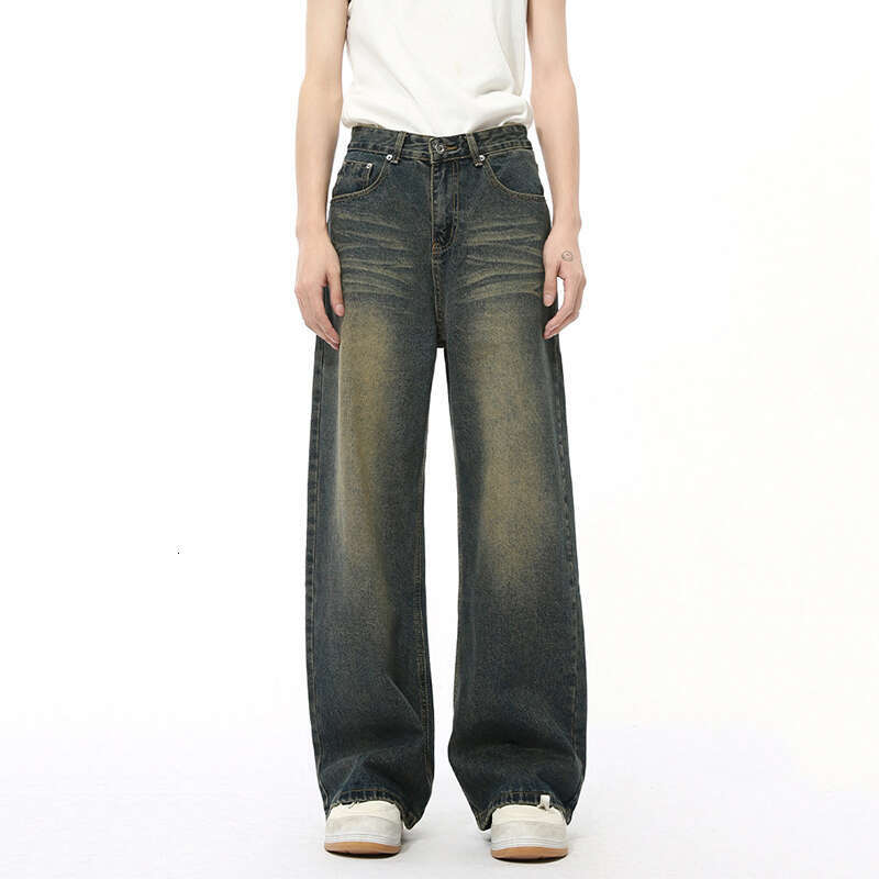 IEFB American Style Men's Jeans Solid Color Droop Worn-out Trousers Straight Wide Leg Loose Male Denim Pants Autumn 2024 9C8081