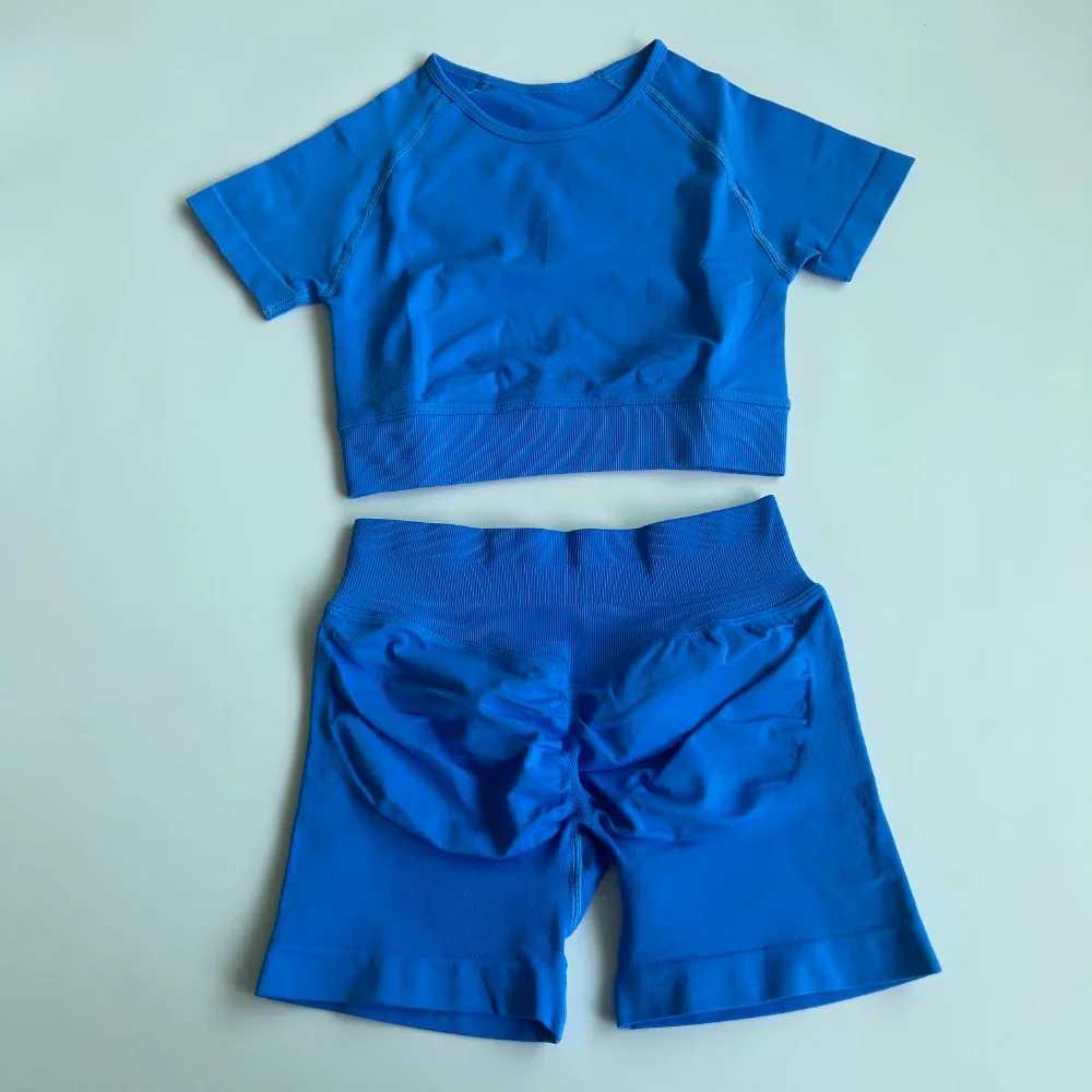 Yoga Outfit 2 Pieces Short Sleeve Crop Top Women Sports Set Gym Shirt+ Impact Shorts Workout Sets Fitness Clothes Suit Seamless H250207