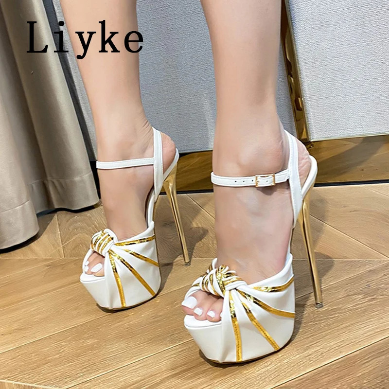 Liyke Summer Women Sexy Stiletto Platform Sandals Fashion Pleated Open Toe Extreme High Heels Banquet Party Shoes Size 42 250118