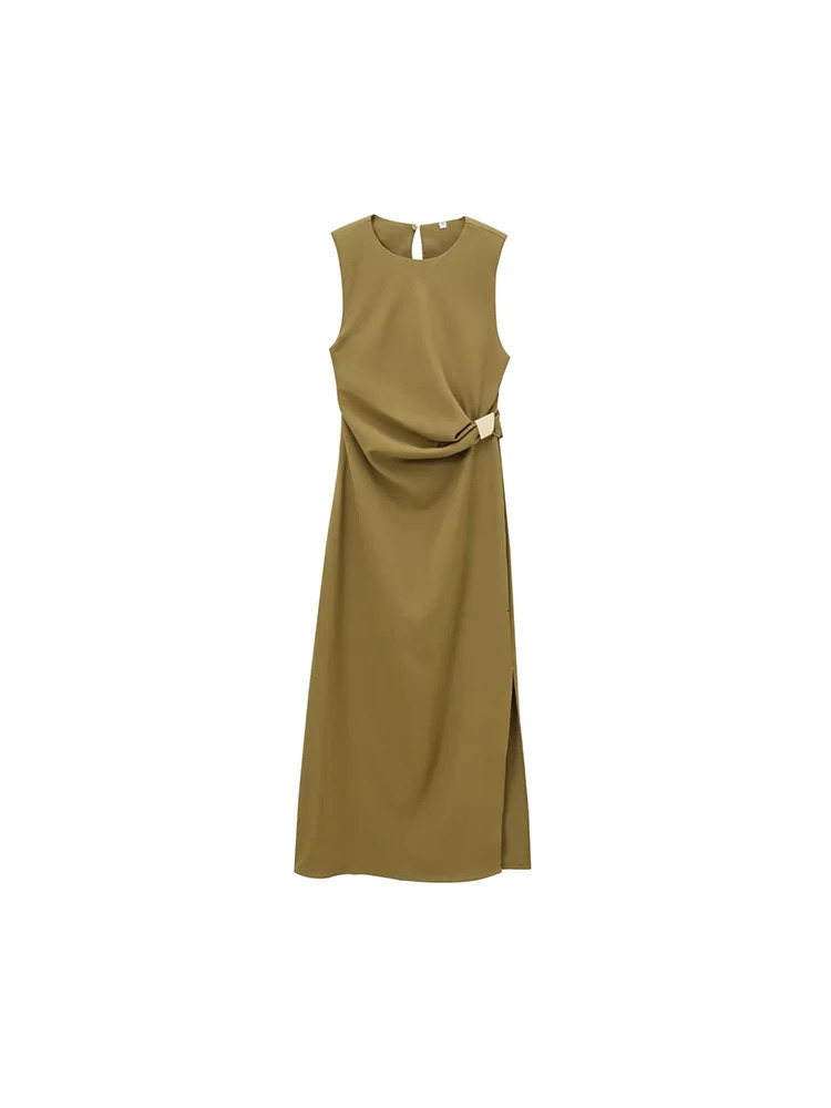 2024 autumn womens clothing fashion temperament slim with shoulder pads round neck sleeveless midi dress 250207