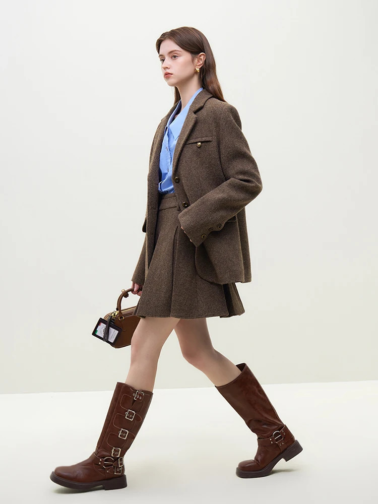 FSLE Retro Classic Style 100% Wool Suit Jacket for Women Niche Winter Brown Woolen Sets Female 250109