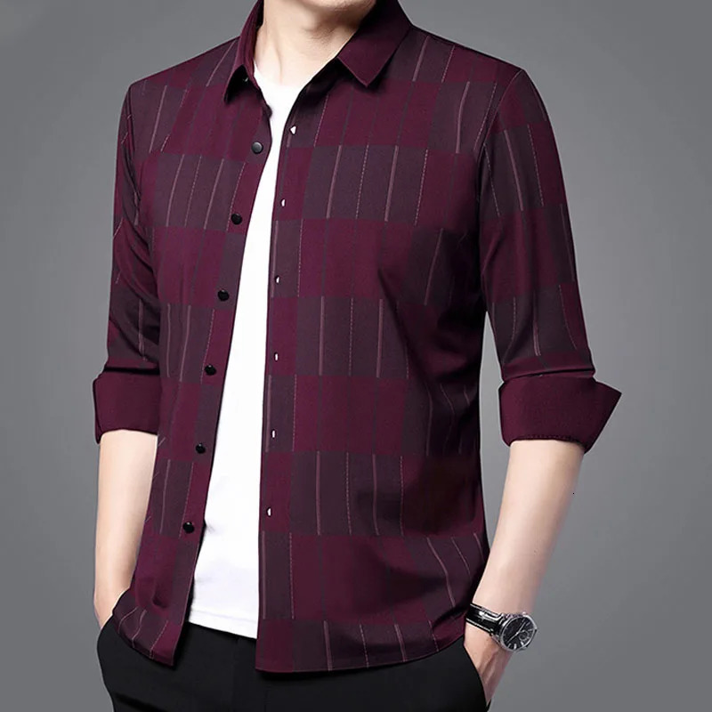 Mens Business Office Plaid Printed PoloNeck Shirt 2023 Fashion Male Clothes Long Sleeve Trend Casual Singlebreasted Shirts 250207