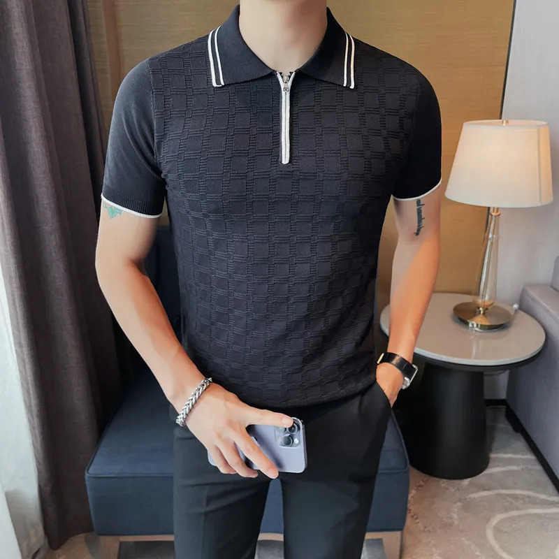British Style Short Sleeve Tshirts Mens Plaid Knitted Polo Shirt Summer Zipper Decoration Casual Business Tee Tops Clothing 250207