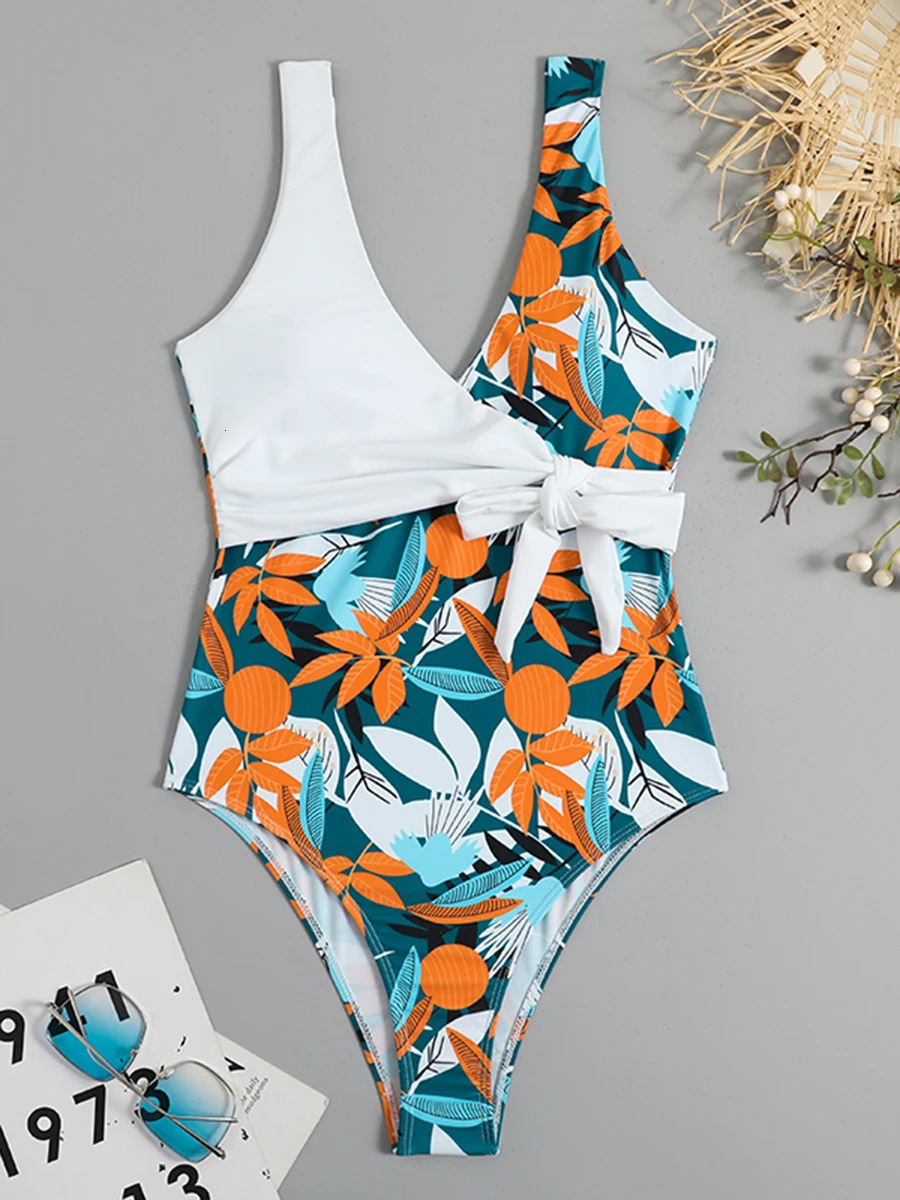 Tropical Print Swimsuit One Piece Knot Side Belted Swimwear Women Padded Bathing Suit Female Swimming Summer Beachwear 250206