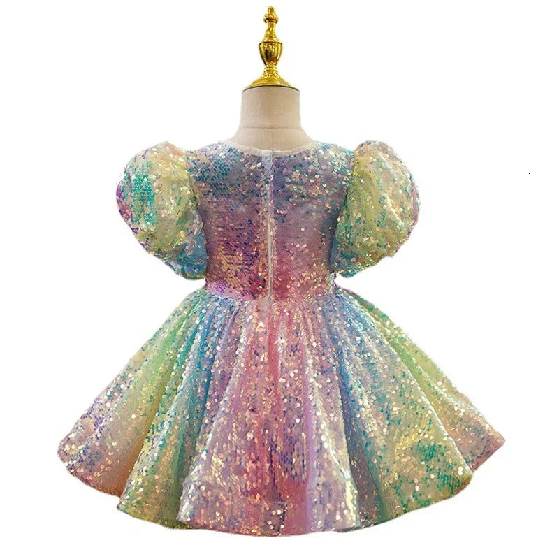 Sequin Ombre Girl Dress Pastel Sparkles Shimmers Puffy Sleeves Sequin Dress Girls Birthday Party Clothes 250114