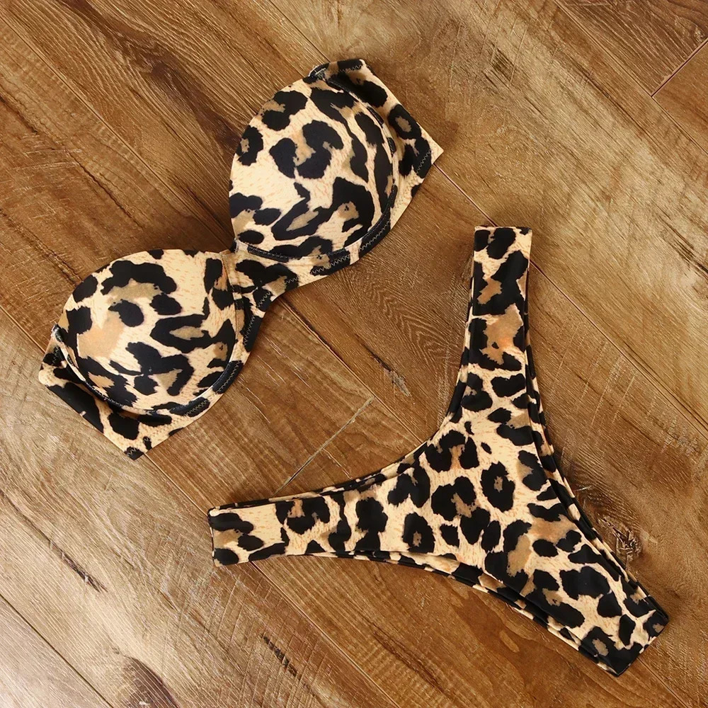 Sexy womens bikini swimsuit push up bra set twopiece low waist beachwear leopard print 250208Z
