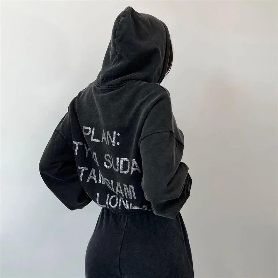 Autumn And Winter Women Clothing Harajuku Letter Retro Diamonds Y2k Distressed Hoodies Loose Causal Hooded Womens Sweatshirt 250110