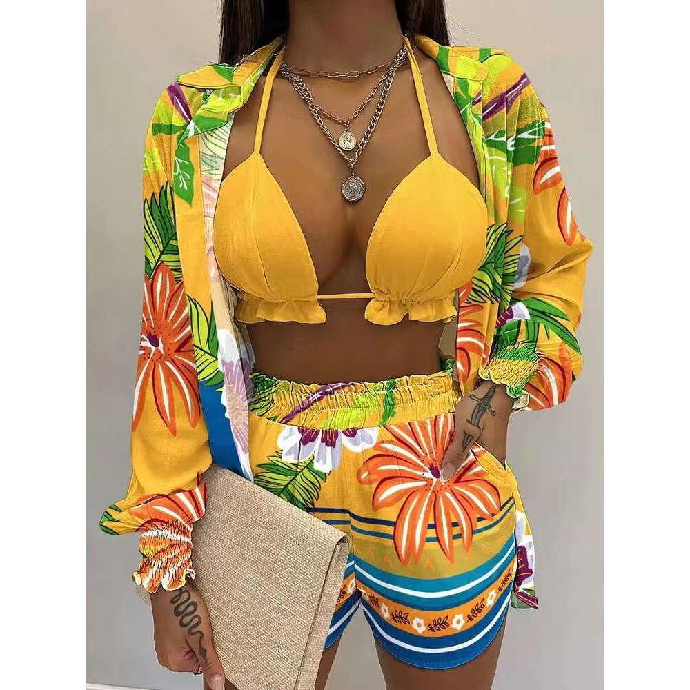 New Green Print High Waist Bikini Sets Swimsuit Women Sexy Lace Up Three Pieces Swimwear Beachwear For Bathing Suit
