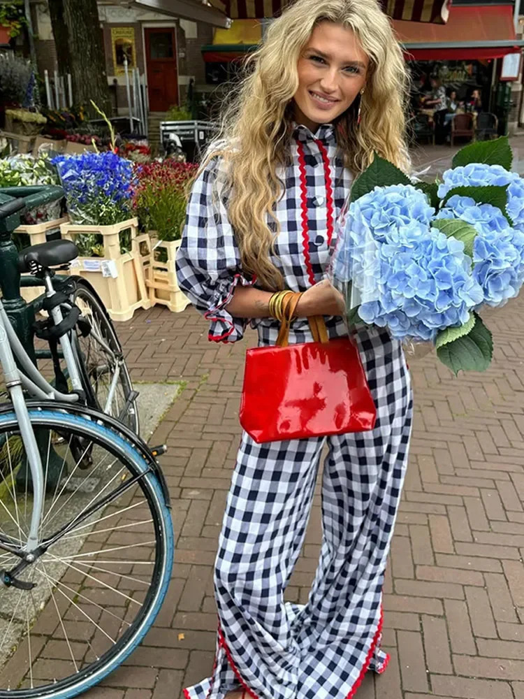 Casual Women Plaid 2 Piece Sets Fashion Lapel Single Breasted Half Sleeve Lace Pleated Pants Suits Spring Female Street Outfits 250207