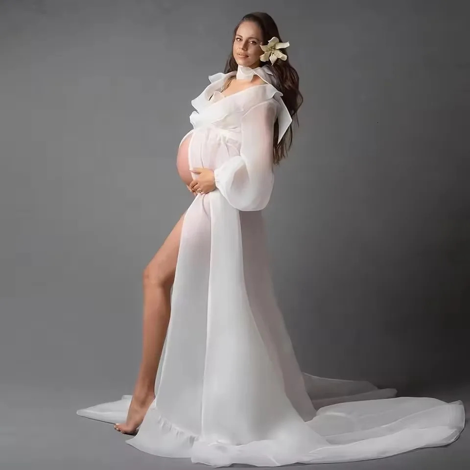 Boho Maternity Po Shoot Chiffon Dress Ruffle Neck Lantern Sleeve With Tie Cord Pregnancy Robe For Baby Shower 250114