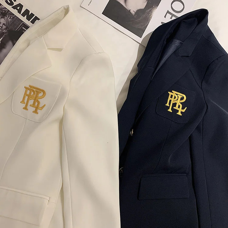 Inner lining letter embroidery premium suit jacket spring UK temperature white womens top black jacket 250207