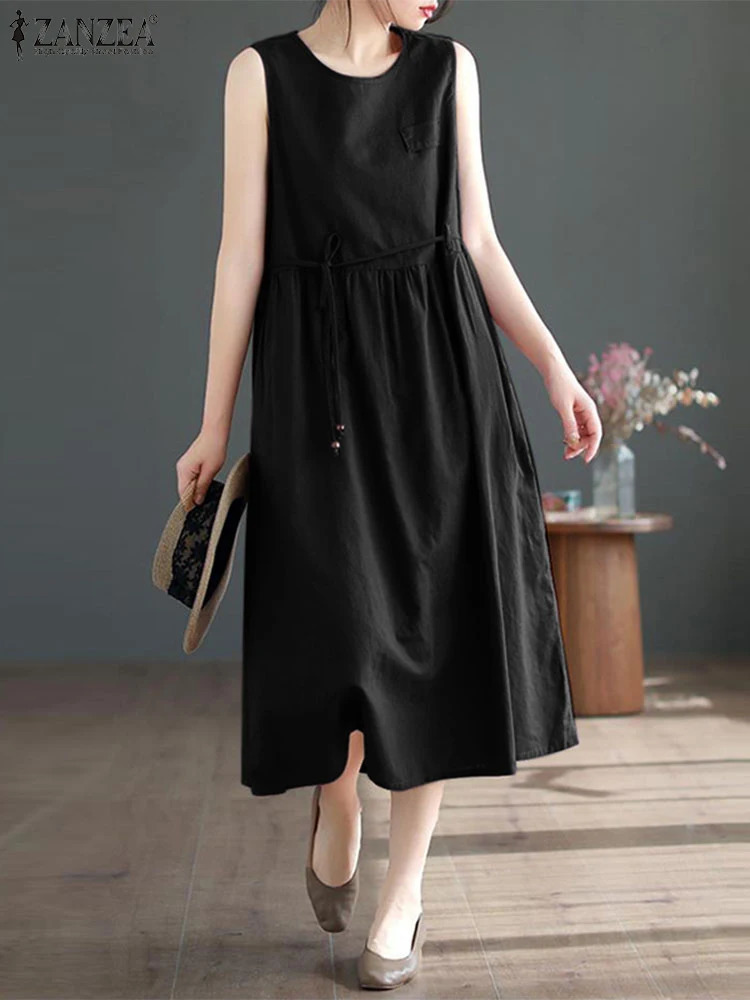 ZANZEA 2024 Summer Dres Casual Sleeveless Solid Midi Sundress Fashion Loose Holiday Beach Dresses Sarafans Dress Femme 250207