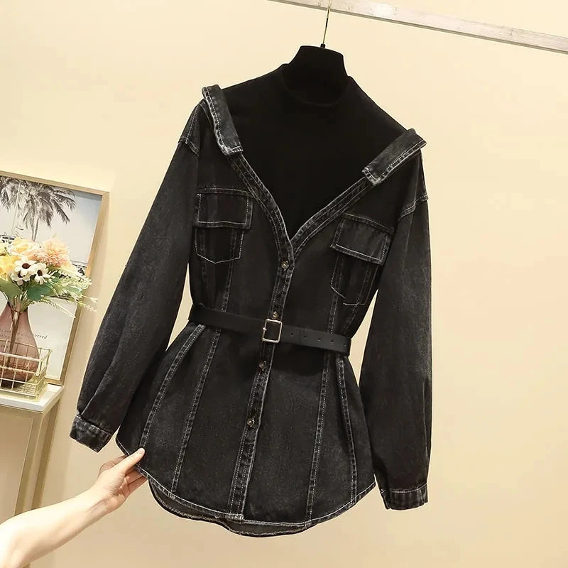 Womens Denim Jacket 2024 Spring Autumn Two Pieces Appear Thin Ladies Temperament Long Sleeve Female Cowboy Coat 250113