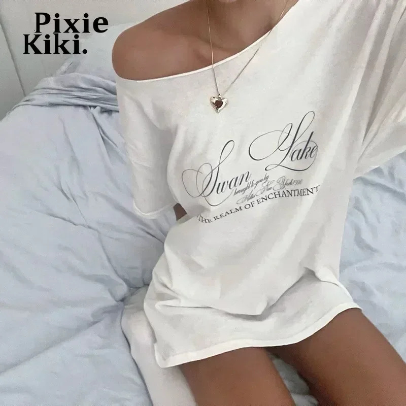 PixieKiki Letter Print Graphic T Shirts White Oversized One Shoulder Tops Womens Summer Fashion Clothing Trends 2024 P71-BG14 250122