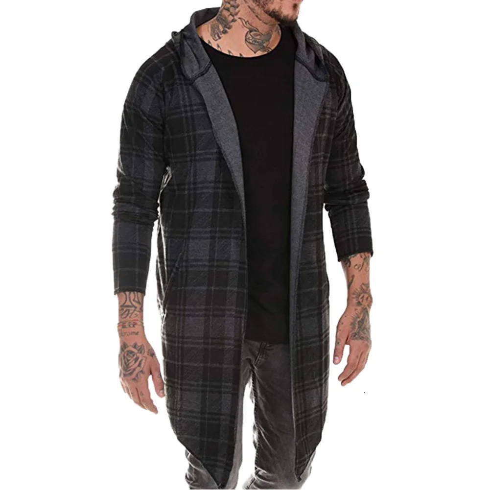 Autumn Winter Men Sweatshirt Long Sleeve Plaid Casual Outwear Mens Shirt Coat Hoodies Hooded Hat Cardigan 250207