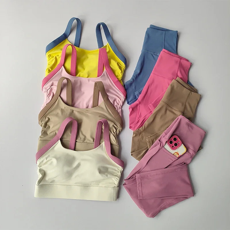 High Intensity Color Blocking Cross Back Integrated Yoga Set 2PCS Sports Underwear High Waist and Hip Lifting Fitness Leggings 250207