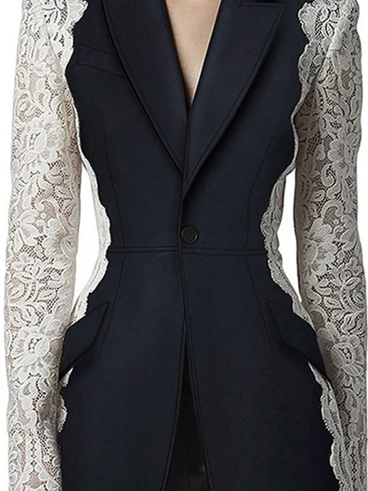 DEAT Fashion Womens Blazer Fashion Notched Lace Patchwork Long Sleeve Comparison Set Womens Jacket Spring 17A1298 250207