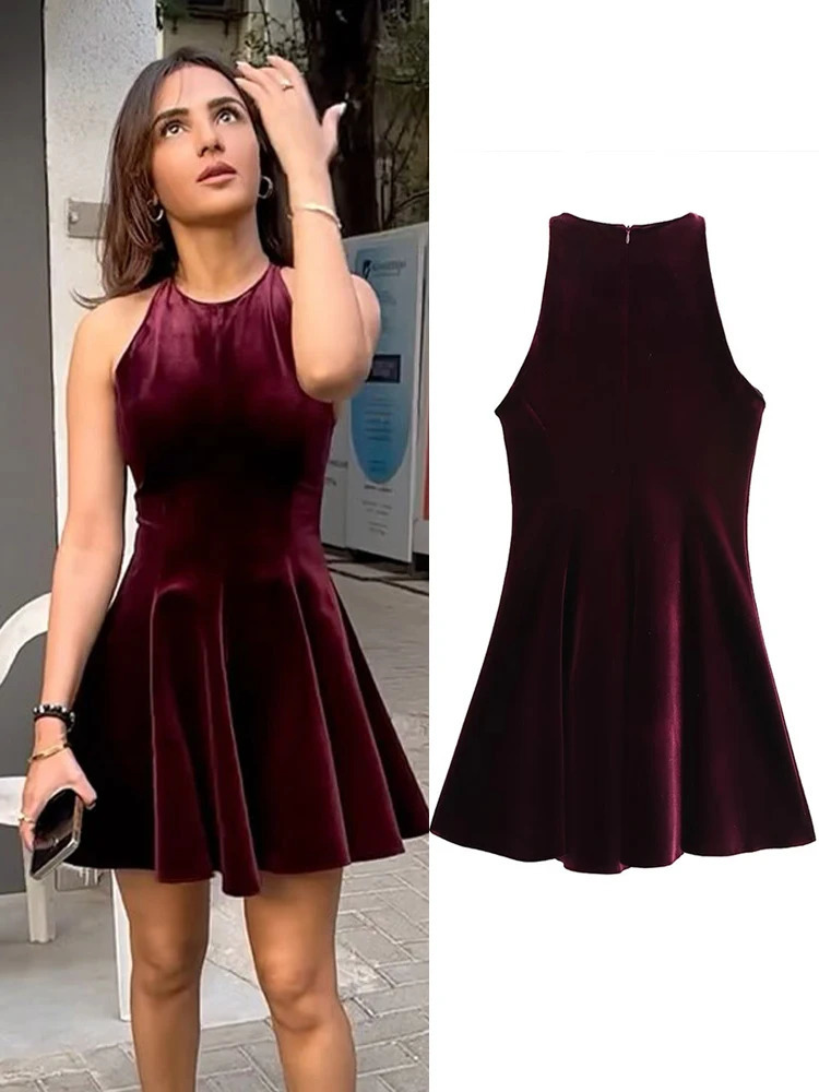 Fashion Velvet Mini Dress For Women Elegant Sleeveless Short High Waist Party Lady Aline Slim Christmas Evening Dresses 250208Z