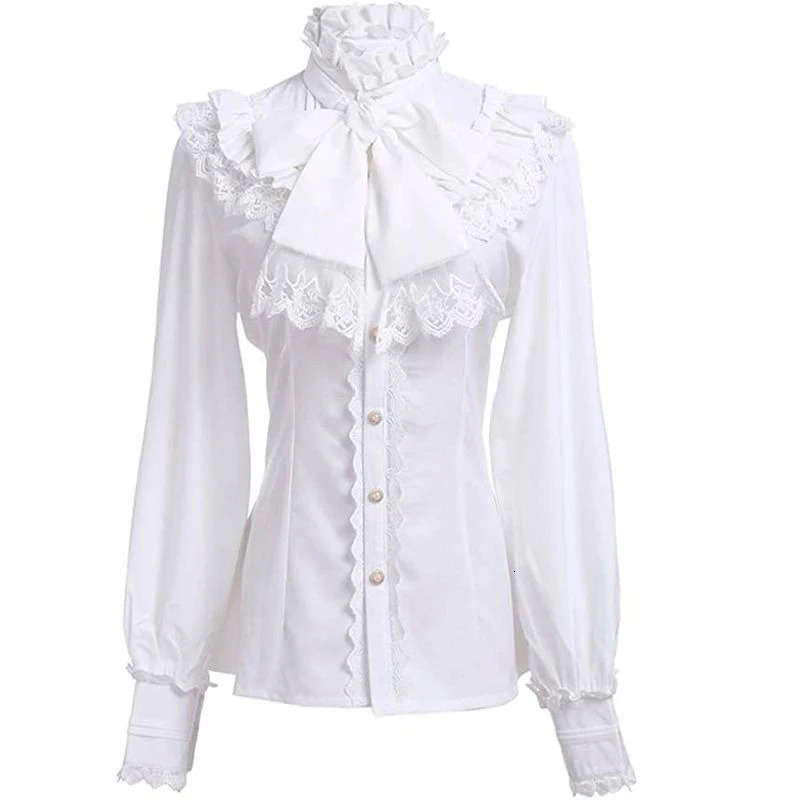 Vintage Ruffles White Shirts Women Japanese Preppy Lolita Bow Bandage Blouses Gothic Lace Patchwork Black Long Sleeve Slim Tops 250121