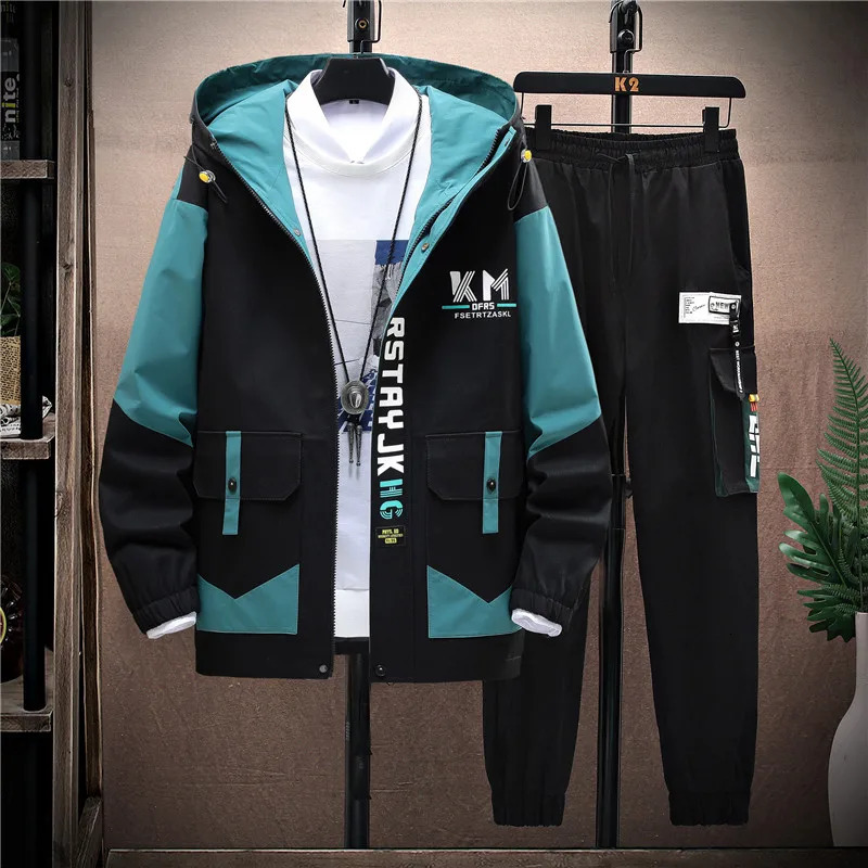 Autumn Casual Men Sets Two Pieces Fashion Korean Trend Hooded Jacket Pants Spring Baseball Uniform Suit Man Outfit 250108