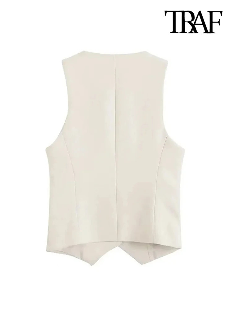 TRAF Women Fashion Front Button Fitted Waistcoat Vintage Sleeveless Welt Pockets Female Outerwear Chic Vest Tops 250207