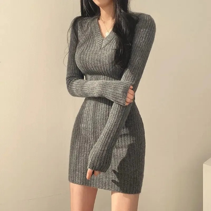 Women Knit Slim Sexy Bodycon Dress VNeck Long Sleeve Solid Casual Midi Sweater For 2024 Autumn Winter 250207