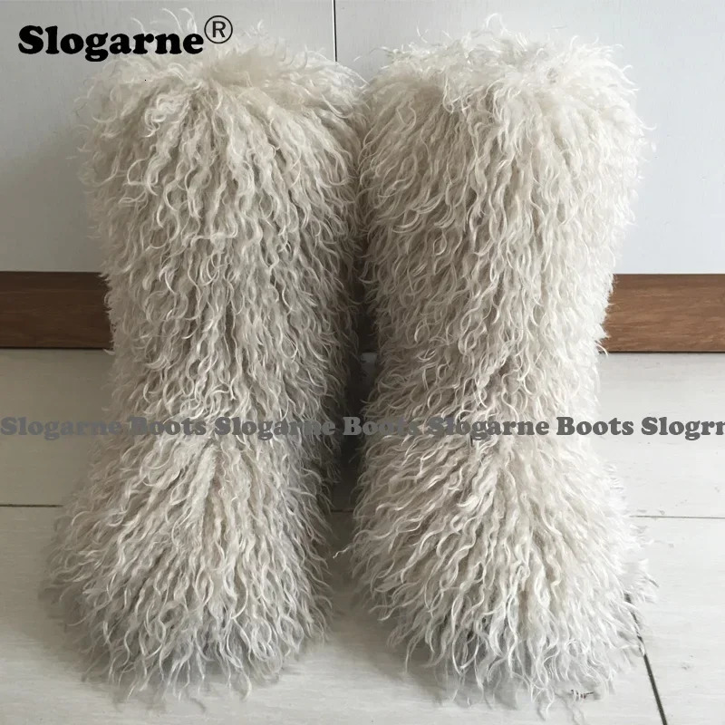 2024 Women Winter Snow Boots Outdoor Faux Wool Furry Curly Fur Woman Plush Warm 3CM Platform Shoes Large Size 250118