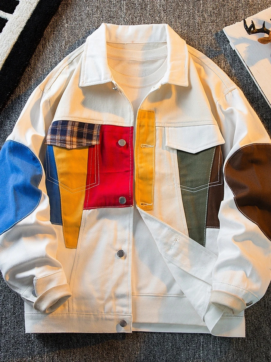 Color Patchwork Personalized Vintage White Denim Jacket Mens Casual Cargo Top Loose Fit American Style Spring Autumn Outerwear 250207