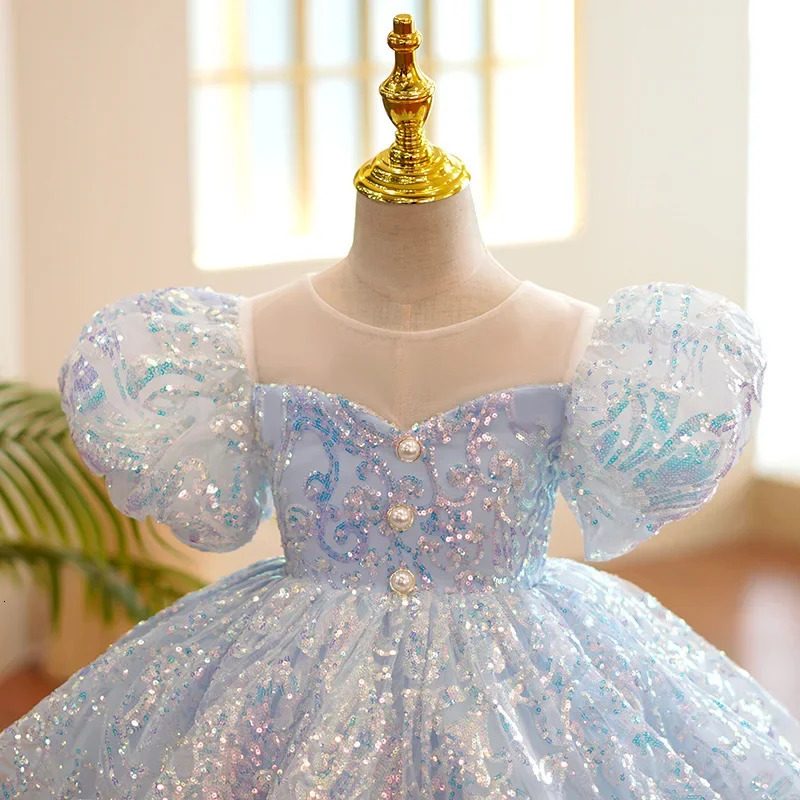 Kids Birthday Party Dresses for Little Girl Size 2 To 14 Years Prom Sequin Dress Gowns Sky Blue Evening Formal Frock 250114