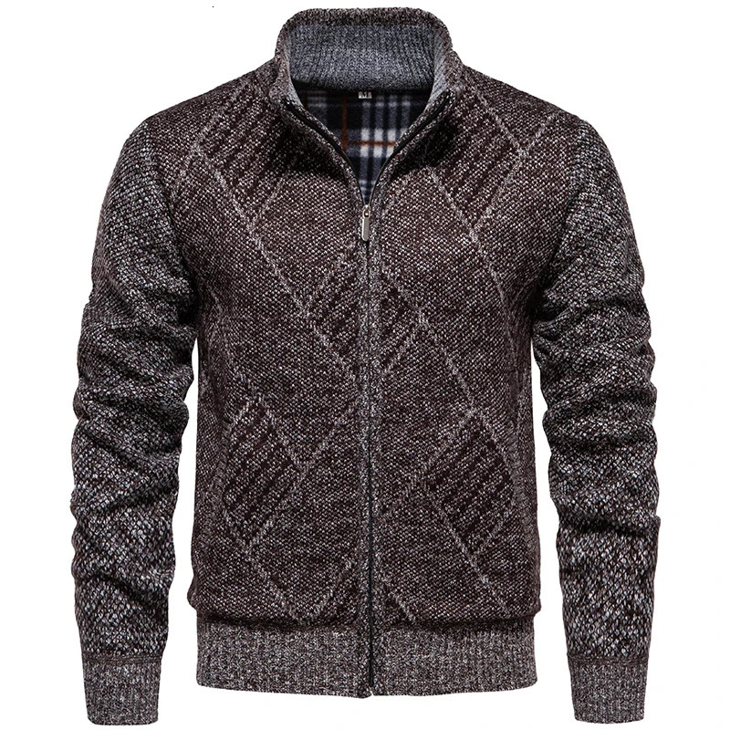 Mens Knitted Sweater Autumn Winter Warm Thick Cardigan Fashion Casual Parka Coat Plaid Stand Up Collar Men Clothing 250207