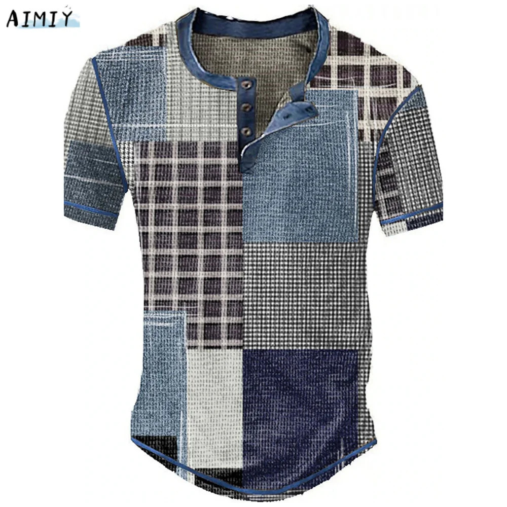 Mens Waffle Henley Oversize Tshirts Man Shirt Graphic Plaid Color Block Clothing Apparel 3D Print Short Sleeve Button Fashion 250207