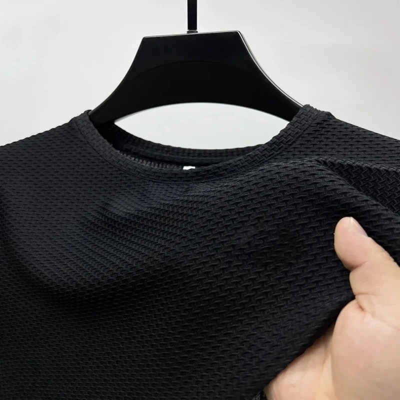 Mens Highquality Silk Hollow Short Sleeved Tshirt for Summer Fashion Leisure Breathable Cool Polo Shirt Top 250207