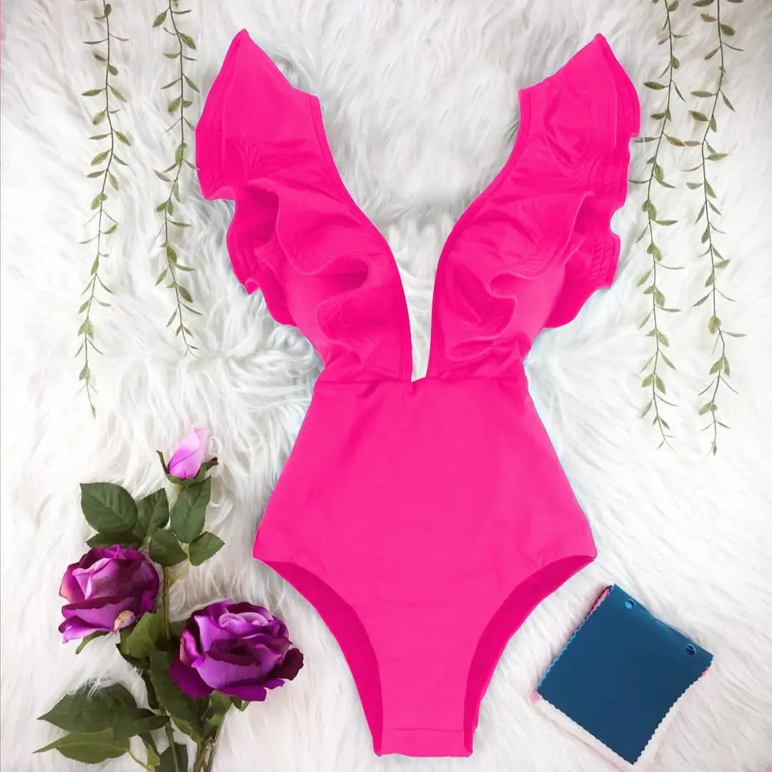 2025 Print Swimwear Deep V-neck Ruffle Swimsuit Push Up One Piece Swimsuit Beach Wear Backless Monokini 250206