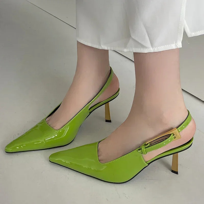 Patent Leather Green Women Pumps Sexy Pointed Toe Metal Buckle Strap Thin High Heels Summer Elegant Slingbacks Heeled Sandals 250207
