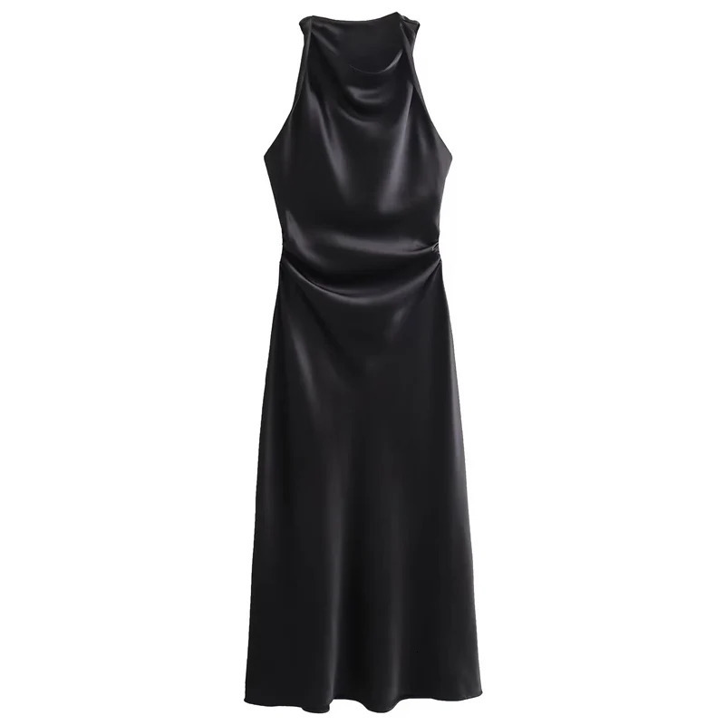 HXAO Womens Satin Long Dress Summer Midi Ruffle Evening ONeck Sleeveless Green White Black Sun 2024 250207