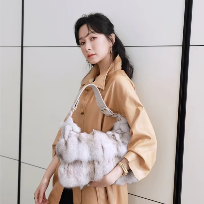 FXFURS 2021 New Real Women Message Single Shoulder Crossbody Bags Sier Fox Fur Large Lady Clutch Bag