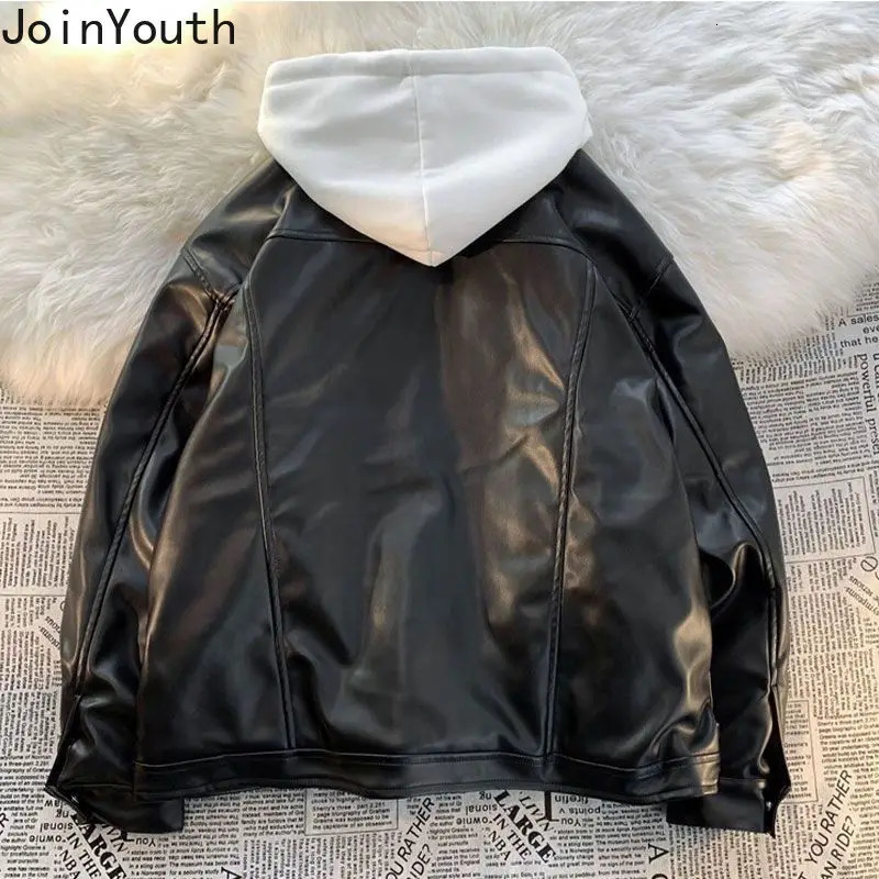 Street Clothing Hooded Leather Jacket Womens Clothing Splicing Work Leave Two Retro Jackets Harajuku Fashion Casual Y2k Jacket Top 250206