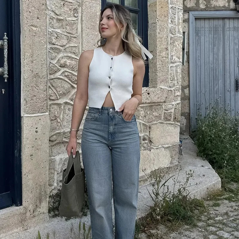 TRAF Female Sweater Vest Cropped Knit Woman Sleeveless White Blue Women Autumn Button Slim Yellow Pink Knitted Vests 250207